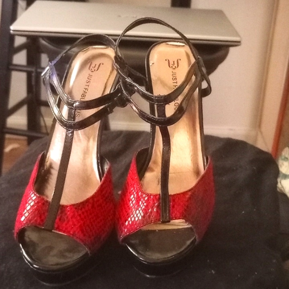 Red and black snake skin print 6 inch heels.